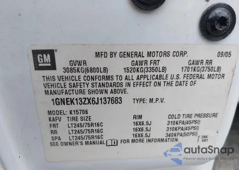 2006 Chevrolet Tahoe Commercial Fleet из США, поврежденный, VIN 1GNEK13ZX6J137683